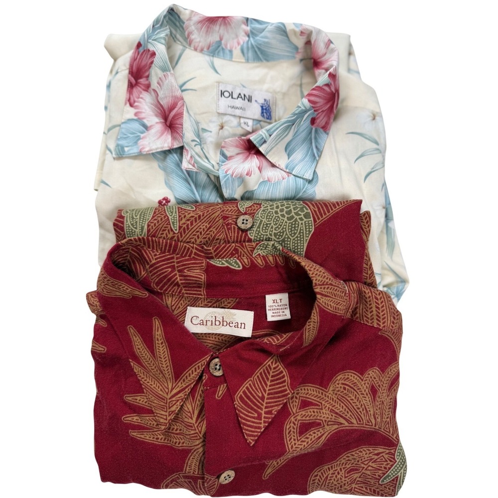 Lot of 2 Mens Hawaiian Shirts Caribbean Parrot XL Tall Iolani Hawaii Hibiscus XL